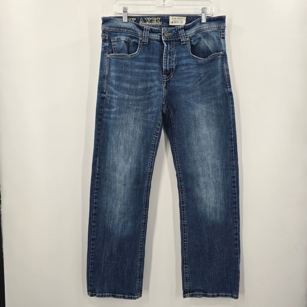 Axel Mens Slim Bootcut Jeans 34x32 Medium Wash Embroidered‎ Blue Denim 2125